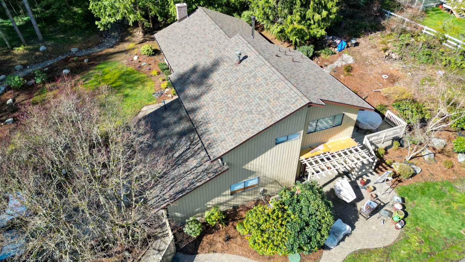 Overhead Front view from an Angle of Composite Asphalt Shingles Roof in Covington, Washington