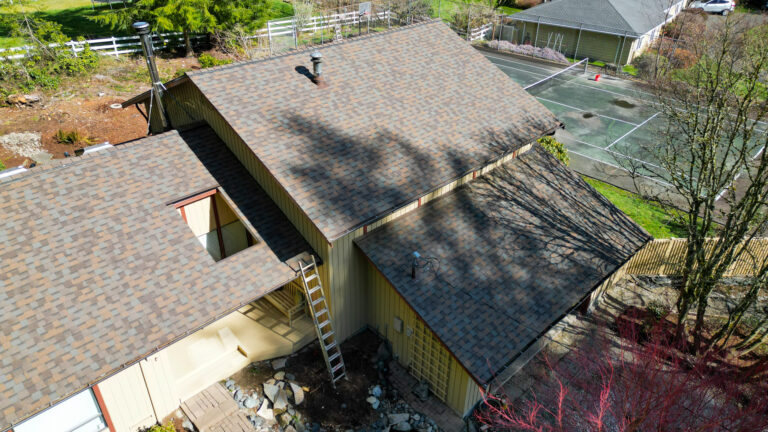 Overhead Front view from an Angle of Composite Asphalt Shingles Roof in Covington, Washington