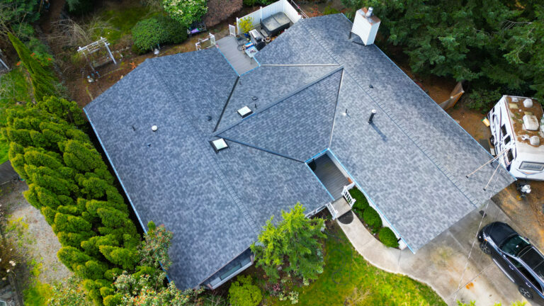 Overhead view from an angle of New Composite Asphalt Shingles Roof in Kent, Washington