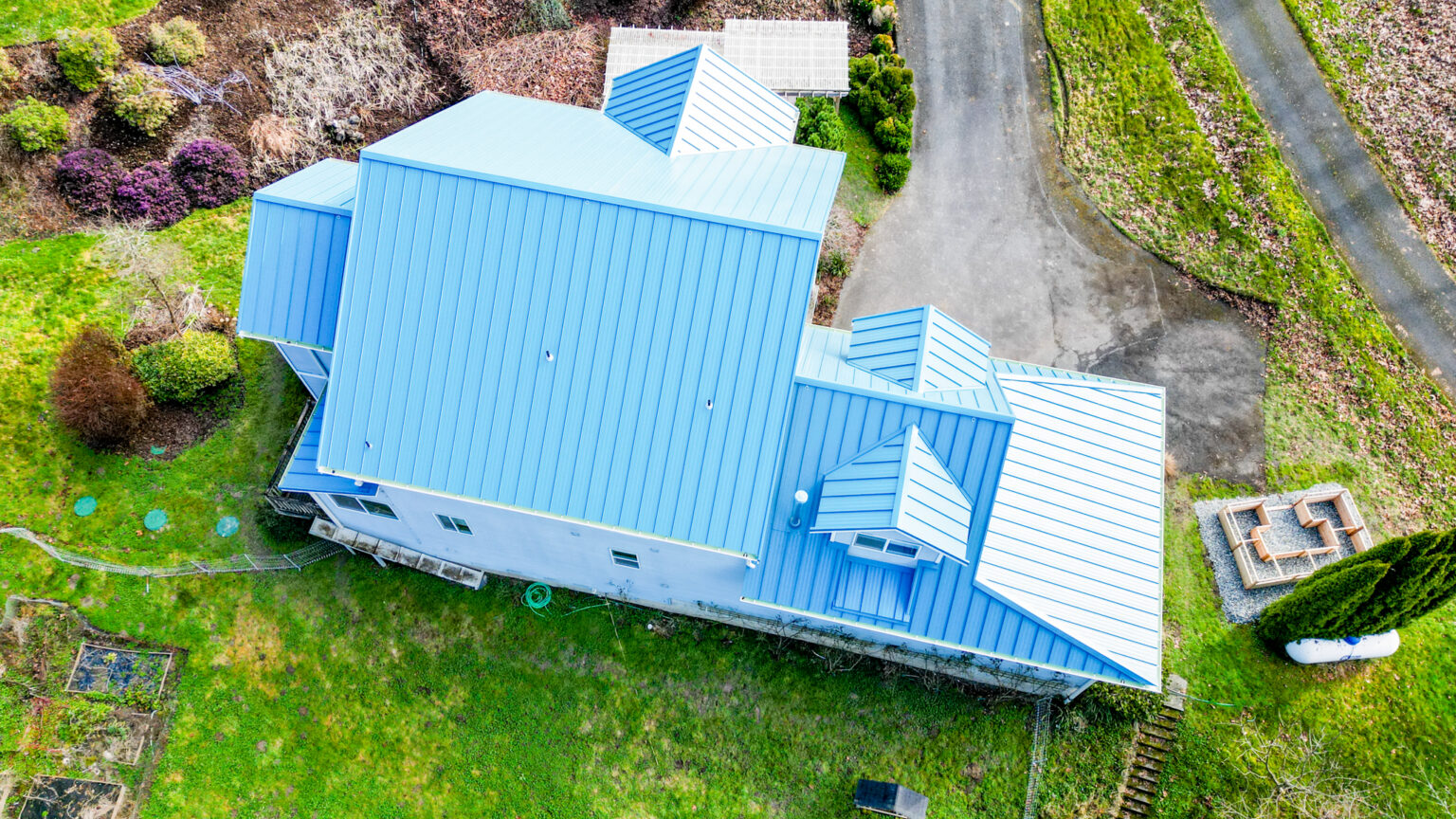 Overhead View from an Angle of a Home with a New Metal Roof in Duvall, Washington