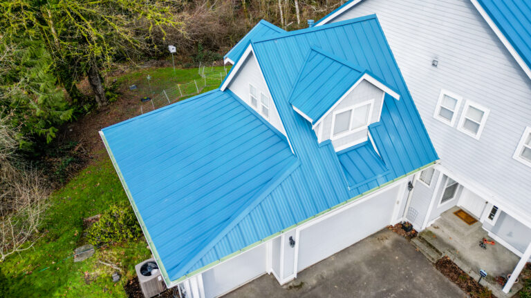 Close Up View from an Angle of a New Metal Roof in Duvall, Washington