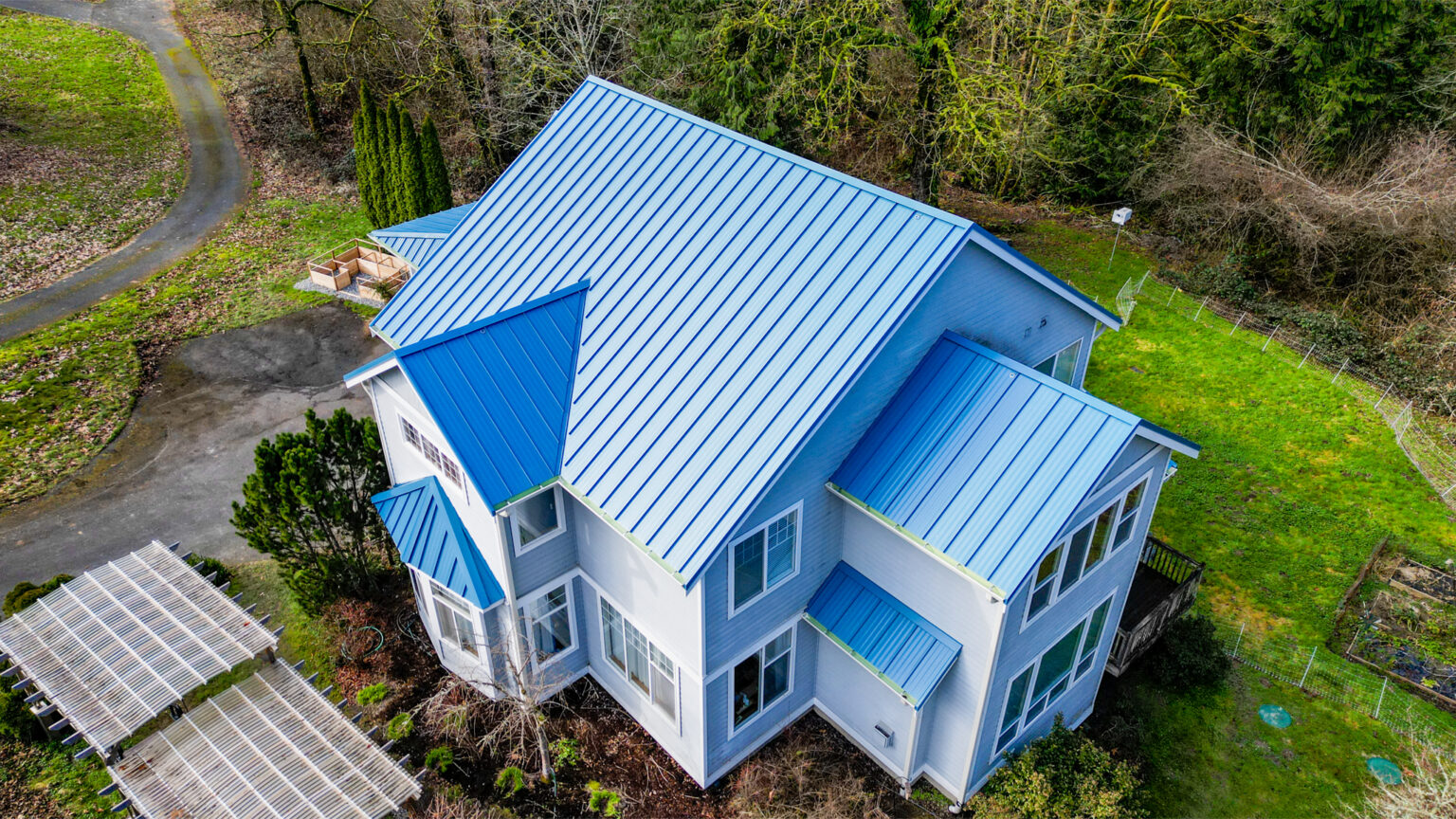 Overhead view from an Angle of a New Metal Roof in Duvall, Washington