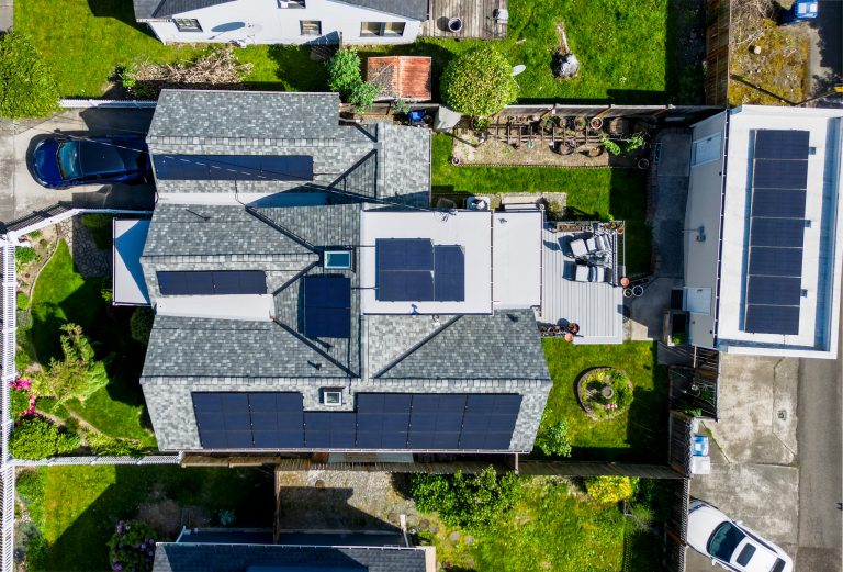 Overhead View of Home with Composite Asphalt Shingles, TPO, and Solar in Renton, Washington