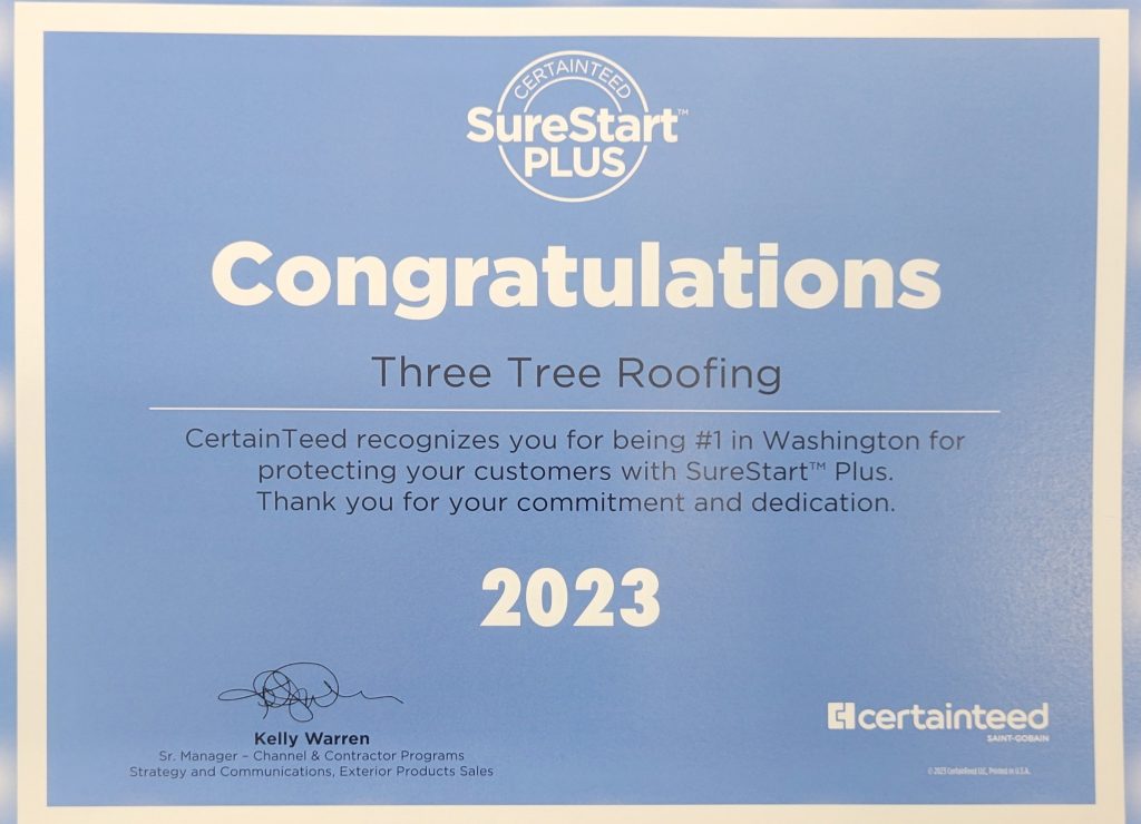 Three Tree Roofing's 2023 Award from CertainTeed - #1 in Washington SureStart Plus 2023