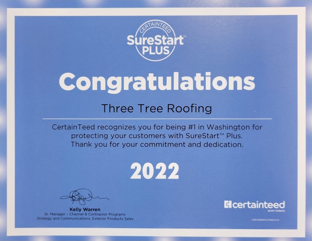 Three Tree Roofing's Award from CertainTeed - #1 in Washington SureStart Plus 2022