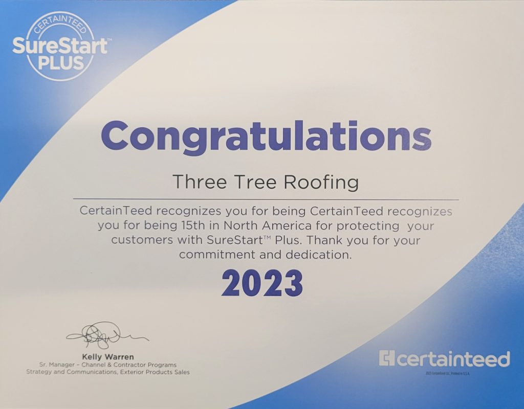 Three Tree Roofing's 2023 Award from CertainTeed - #15 in North America SureStart Plus 2023