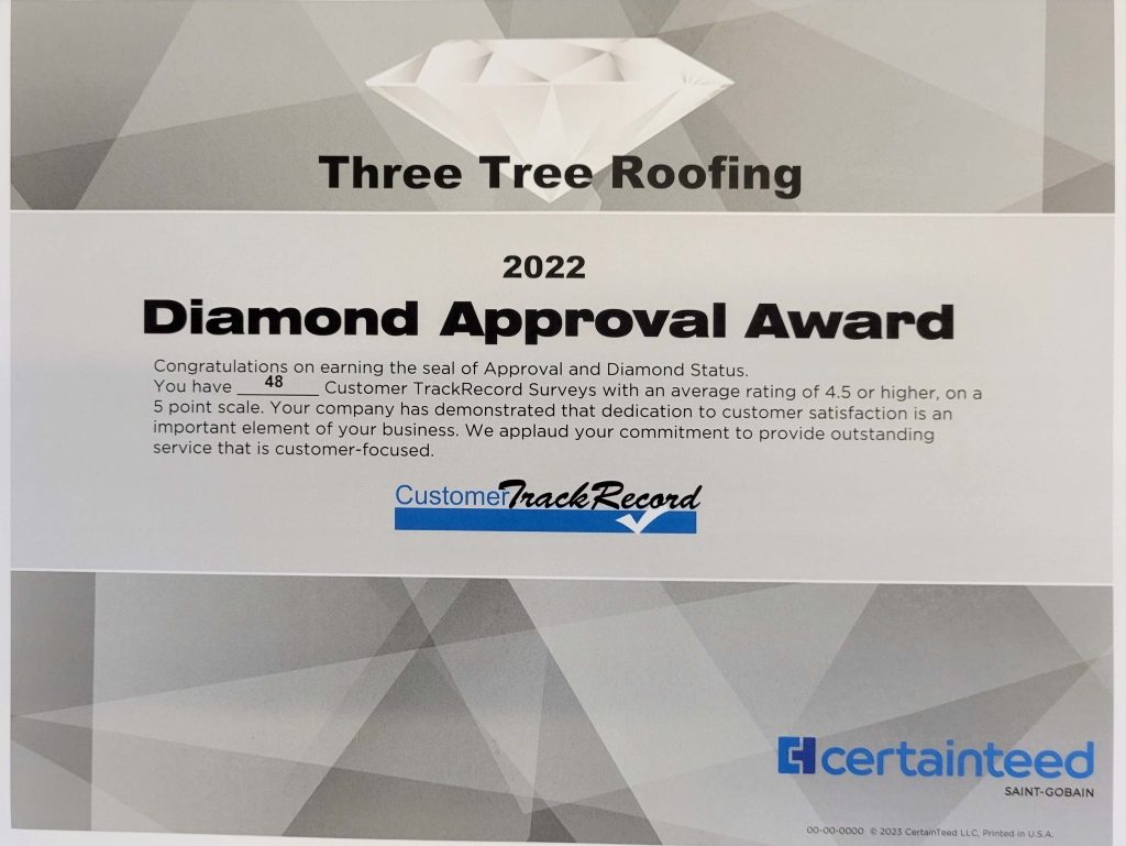 Three Tree Roofing's Award from CertainTeed - Diamond Approval Award 2022