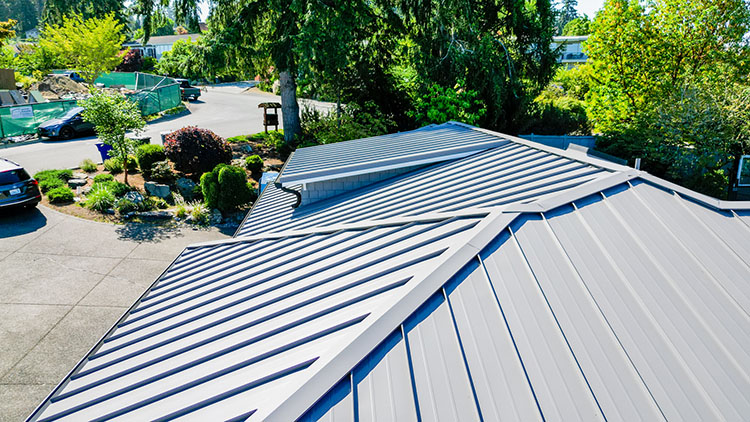 Angled closeup view of the Beautiful Nu-Ray Metal Roof in Clyde Hill, Washington.