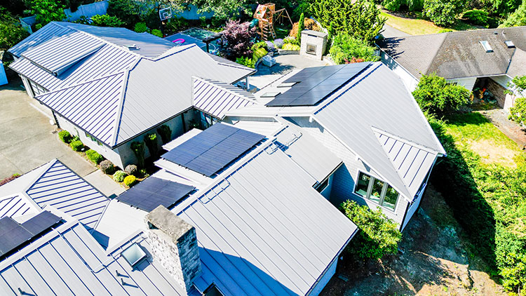 Overhead view of the Beautiful Nu-Ray Metal Roof with solar panels in Clyde Hill, Washington.