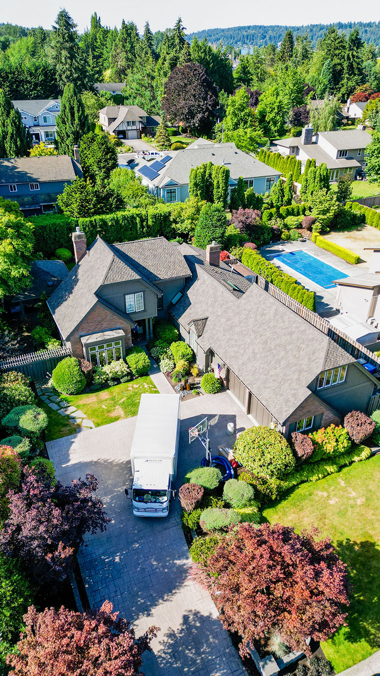 Aerial view from the front of the home of the Cedar Conversion to Asphalt Shingle Roof in Bellevue, Washington