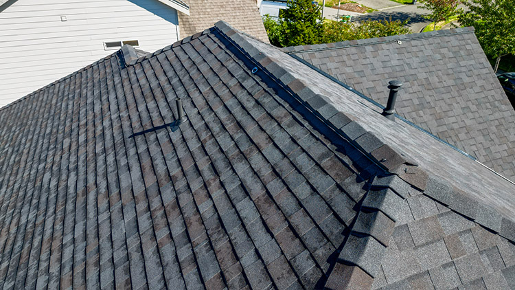 Closeup side view of the ridge vent and pipes painted to match the roof color on the New Composite Asphalt Shingle Roof in Maple Valley, Washington