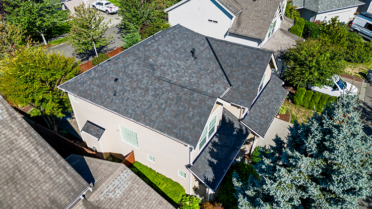 Angled overhead view from the front of the home of the New Composite Asphalt Shingle Roof in Maple Valley, Washington