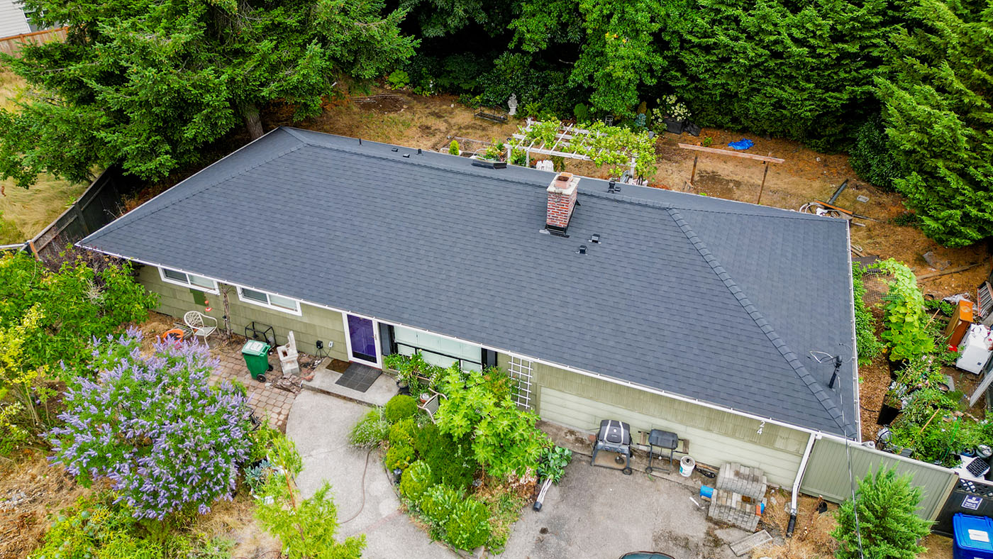 Aerial View at an angle from the front of the New Composite Asphalt Shingle Roof home in Renton, Washington