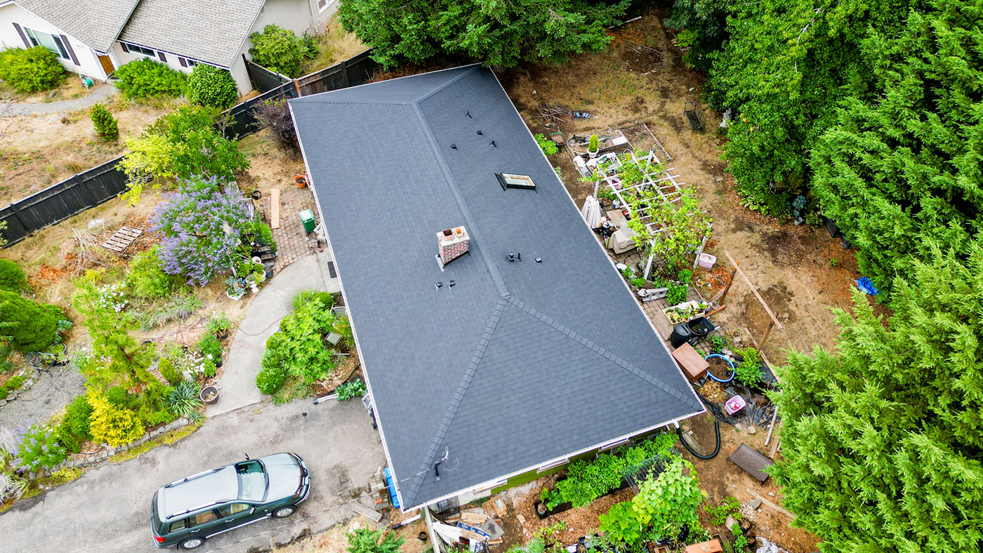 Overhead view of the New Composite Asphalt Shingle Roof home in Renton, Washington